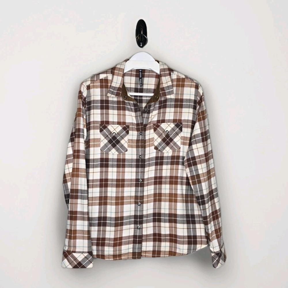 KUHL Women XL Tess Flannel Shirt Snaps Corduroy Trim Brown Plaid Cotton Tencel